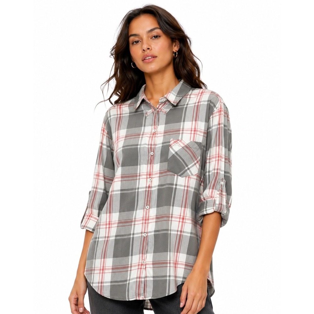 Woolrich Gray White Red Plaid Button Up Shirt XL Roll Tab Sleeve Rayon Casual
